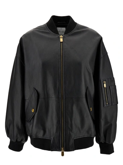 Shop Pinko 'monterosi' Black Bomber Jacket With Zip In Smooth Leather Woman