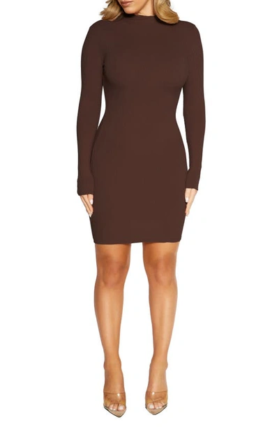 Shop Naked Wardrobe Long Sleeve Rib Sweater Dress In Chocolate