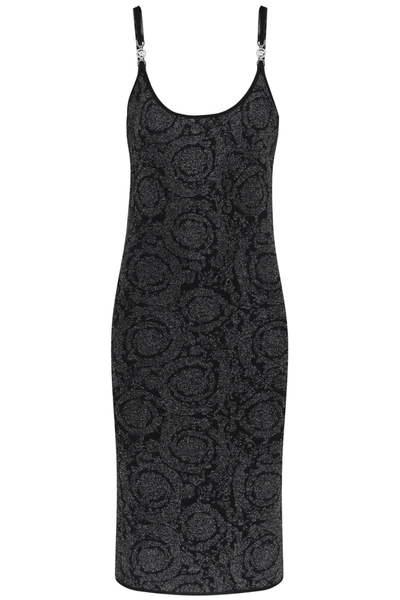 Shop Versace Barocco Midi Dress In Lurex Knit In Black, Silver