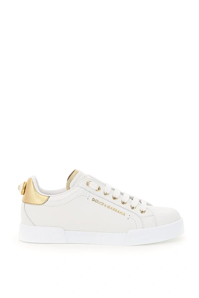 Shop Dolce & Gabbana Portofino Sneakers With Pearl In White, Gold