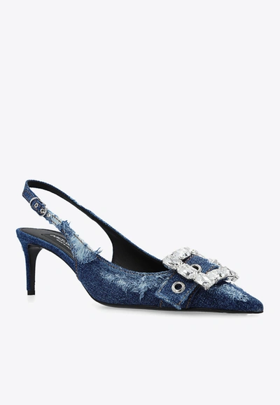 Shop Dolce & Gabbana 75 Distressed Denim Appliquéd Slingback Pumps In Blue