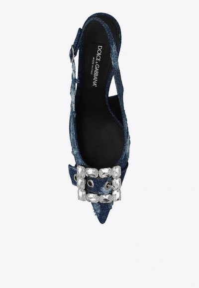 Shop Dolce & Gabbana 75 Distressed Denim Appliquéd Slingback Pumps In Blue