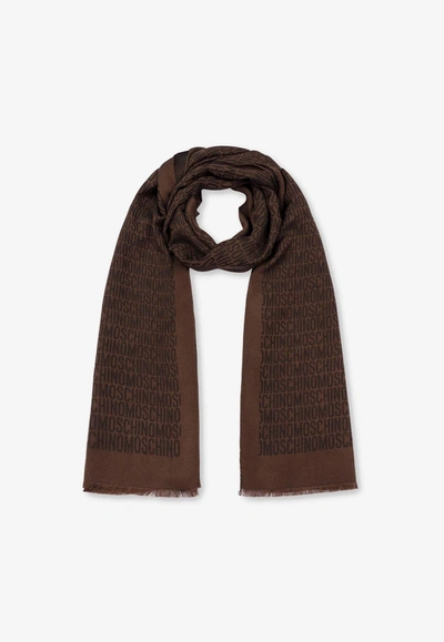 Shop Moschino All-over Jacquard Logo Scarf In Brown