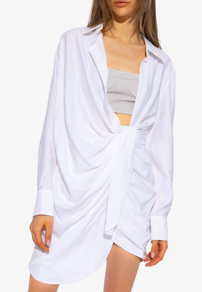 Shop Jacquemus Bahia Asymmetric Mini Shirt Dress In White