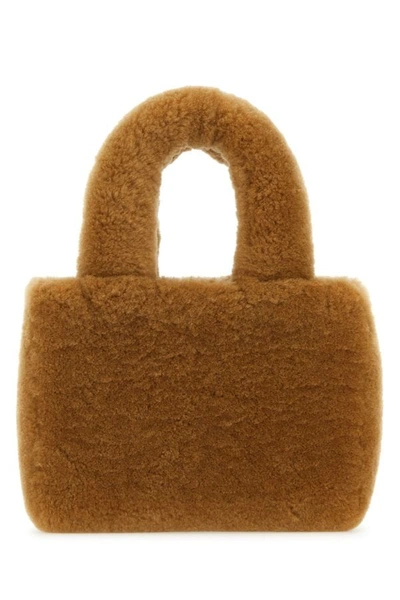 Amina Muaddi Rectangular Shearling Handbag With Top Handle In Brown