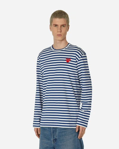 Shop Comme Des Garçons Play Heart Striped Longsleeve T-shirt Navy In Blue