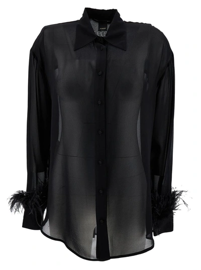 Shop Pinko 'circe' Black Semi-sheer Shirt With Feathers On Cuffs In Viscose Woman