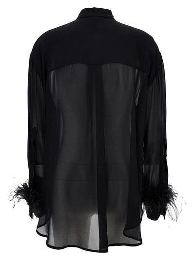 Shop Pinko 'circe' Black Semi-sheer Shirt With Feathers On Cuffs In Viscose Woman