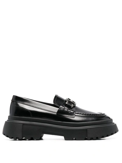 Shop Hogan Logo Buckle Platform Loafers In Black