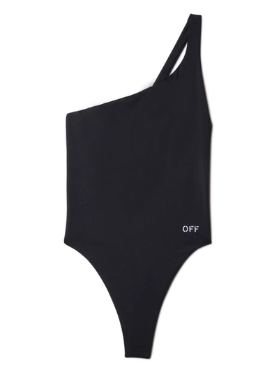 Shop Off-white Logo-print One-shoulder Swimsuit In Black White