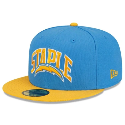 Shop New Era X Staple New Era Powder Blue/gold Los Angeles Chargers Nfl X Staple Collection 59fifty Fitted Hat