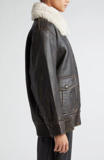 Shop Stand Studio Danata Genuine Shearling Collar Lambskin Leather Jacket In Worn Black