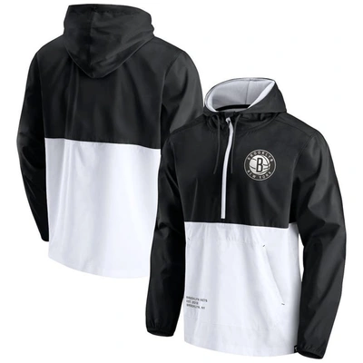Shop Fanatics Branded Black/white Brooklyn Nets Anorak Block Party Windbreaker Half-zip Hoodie Jacket