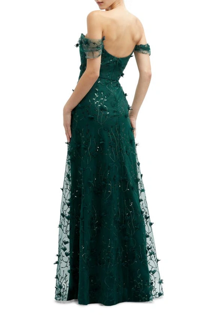 Dessy Collection 3d Embroidered Off The Shoulder Gown In Evergreen
