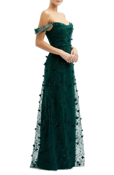 Dessy Collection 3d Embroidered Off The Shoulder Gown In Evergreen