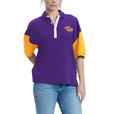 Shop Tommy Jeans Purple Los Angeles Lakers Taya Puff Sleeve Pique Polo Shirt