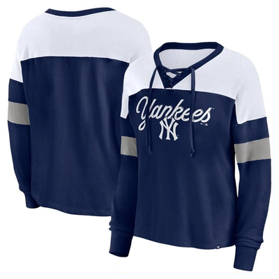Shop Fanatics Branded Navy/white New York Yankees Even Match Lace-up Long Sleeve V-neck T-shirt