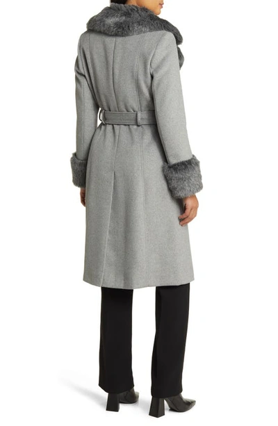 Via Spiga Wool Blend Belted Coat With Faux Fur Trim In Heather Grey