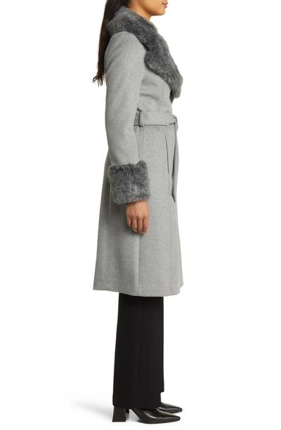 Via Spiga Wool Blend Belted Coat With Faux Fur Trim In Heather Grey