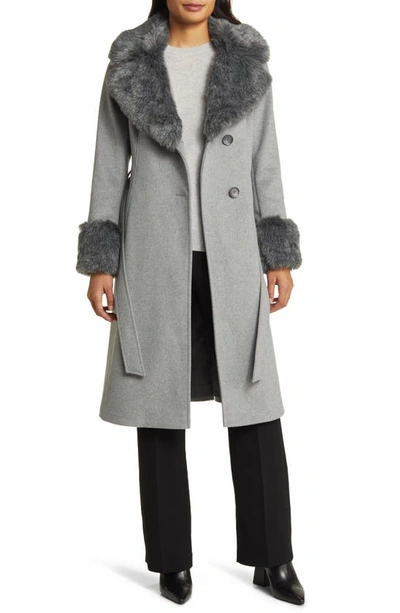 Via Spiga Wool Blend Belted Coat With Faux Fur Trim In Heather Grey