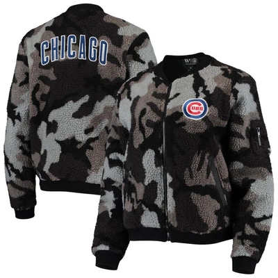 The Wild Collective Black Chicago Cubs Camo Sherpa Full-zip Bomber Jacket In Black
