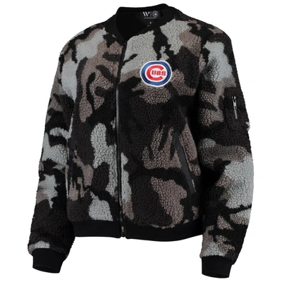 The Wild Collective Black Chicago Cubs Camo Sherpa Full-zip Bomber Jacket In Black