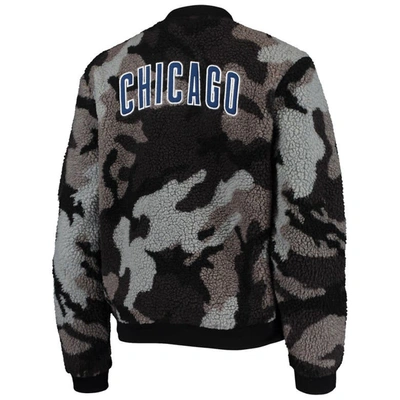 The Wild Collective Black Chicago Cubs Camo Sherpa Full-zip Bomber Jacket In Black