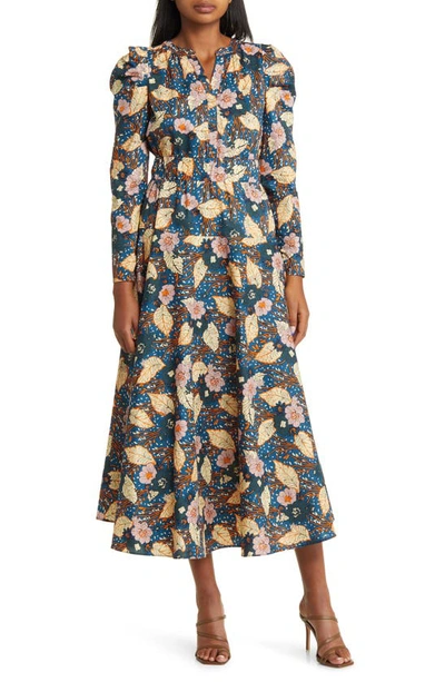 Shop Melloday Floral Print Belted Long Sleeve A-line Dress In Dark Blue Print