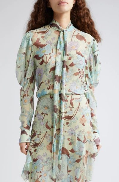 Shop Stella Mccartney Garden Floral Print Tie Neck Silk Shirt In 3945 - Multicolor Mint