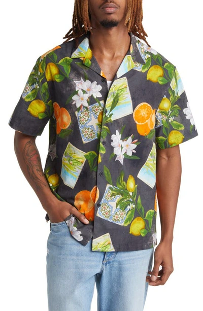 Shop Topman Vacation Print Short Sleeve Cotton & Linen Button-up Shirt In Black Multi