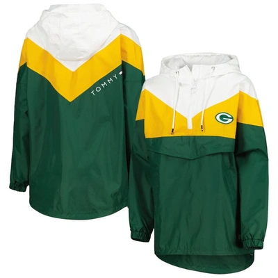Shop Tommy Hilfiger White/gold Green Bay Packers Staci Half-zip Hoodie Windbreaker Jacket