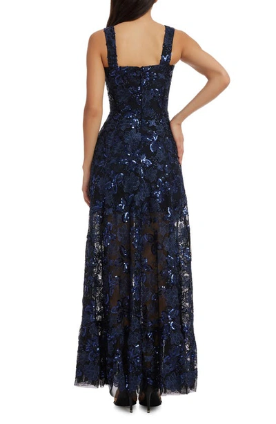 Shop Dress The Population Anabel Floral Sequin Fit & Flare Gown In Navy