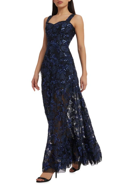 Dress The Population Anabel Floral Sequin Fit & Flare Gown In Navy