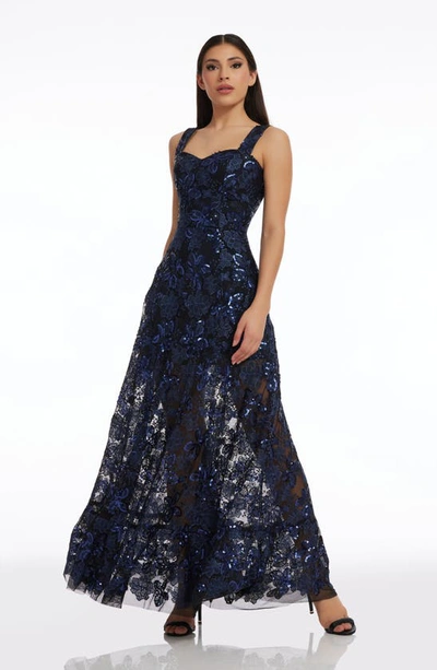 Dress The Population Anabel Floral Sequin Fit & Flare Gown In Navy