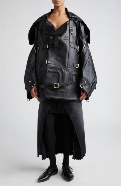 Shop Junya Watanabe X Levi's® Mixed Media High-low Pleated Satin & Denim Midi Skirt In Gray X Black