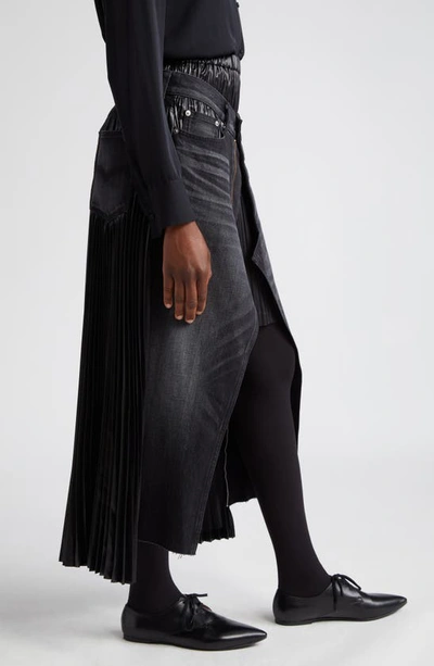 Shop Junya Watanabe X Levi's® Mixed Media High-low Pleated Satin & Denim Midi Skirt In Gray X Black