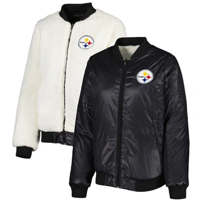 Shop G-iii 4her By Carl Banks Oatmeal/black Pittsburgh Steelers Switchback Reversible Full-zip Jacket