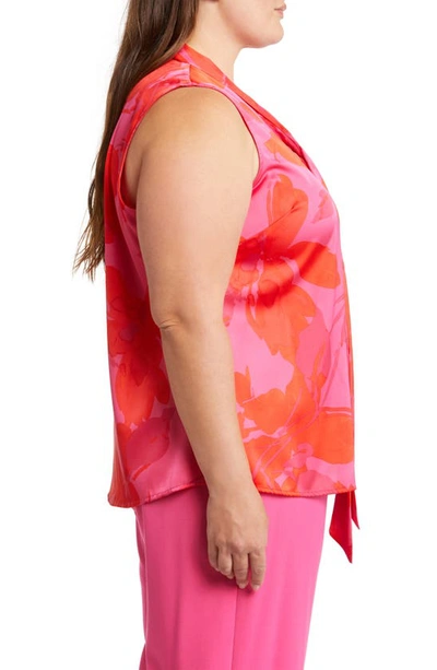 Shop Tahari Floral Bow Neck Sleeveless Matte Charmeuse Blouse In Hot Pink/ Tomato