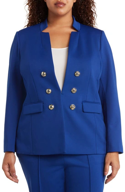 Shop Tahari Faux Double Breasted Ponte Blazer In Cobalt