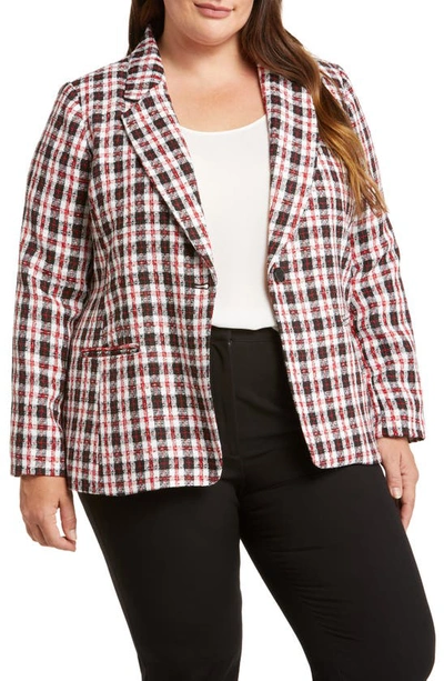 Shop Tahari Plaid Notch Lapel Tweed Blazer In Ivory Black Red