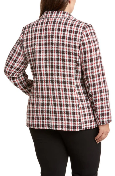 Tahari Plaid Notch Lapel Tweed Blazer In Ivory Black Red