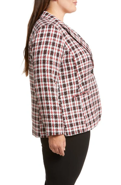 Tahari Plaid Notch Lapel Tweed Blazer In Ivory Black Red
