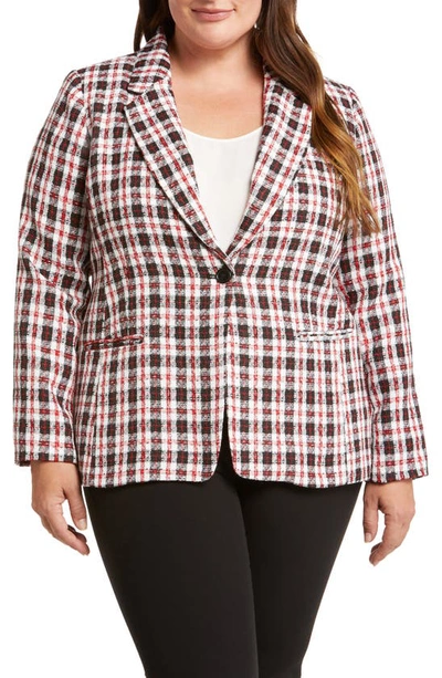 Tahari Plaid Notch Lapel Tweed Blazer In Ivory Black Red