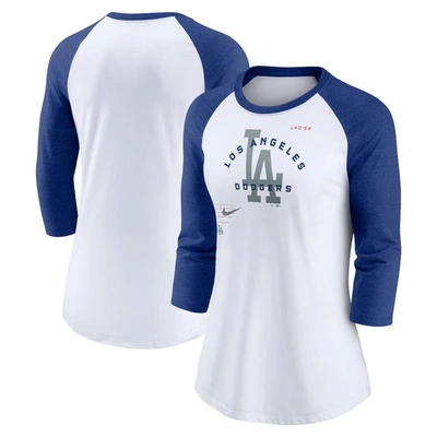 Shop Nike White/royal Los Angeles Dodgers Next Up Tri-blend Raglan 3/4-sleeve T-shirt