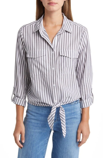 Shop Beachlunchlounge Stripe Tie Front Cotton & Modal Button-up Shirt In Silver Lining