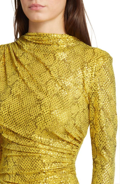 Nikki Lund Goldie Sequin Ruched Asymmetric Long Sleeve Dress In Gold