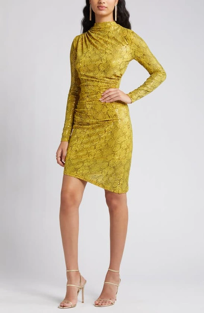 Nikki Lund Goldie Sequin Ruched Asymmetric Long Sleeve Dress In Gold