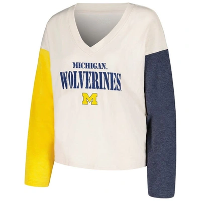 Shop Wes & Willy Cream Michigan Wolverines Colorblock Tri-blend Long Sleeve V-neck T-shirt & Shorts Sleep