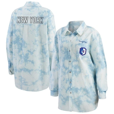 Shop Wear By Erin Andrews White New York Rangers Oversized Tie-dye Button-up Denim Shirt