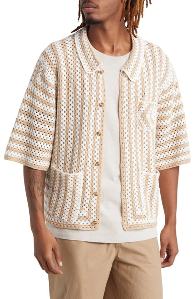 Shop Checks Stripe Crochet Cotton Button-up Shirt In Biscuit